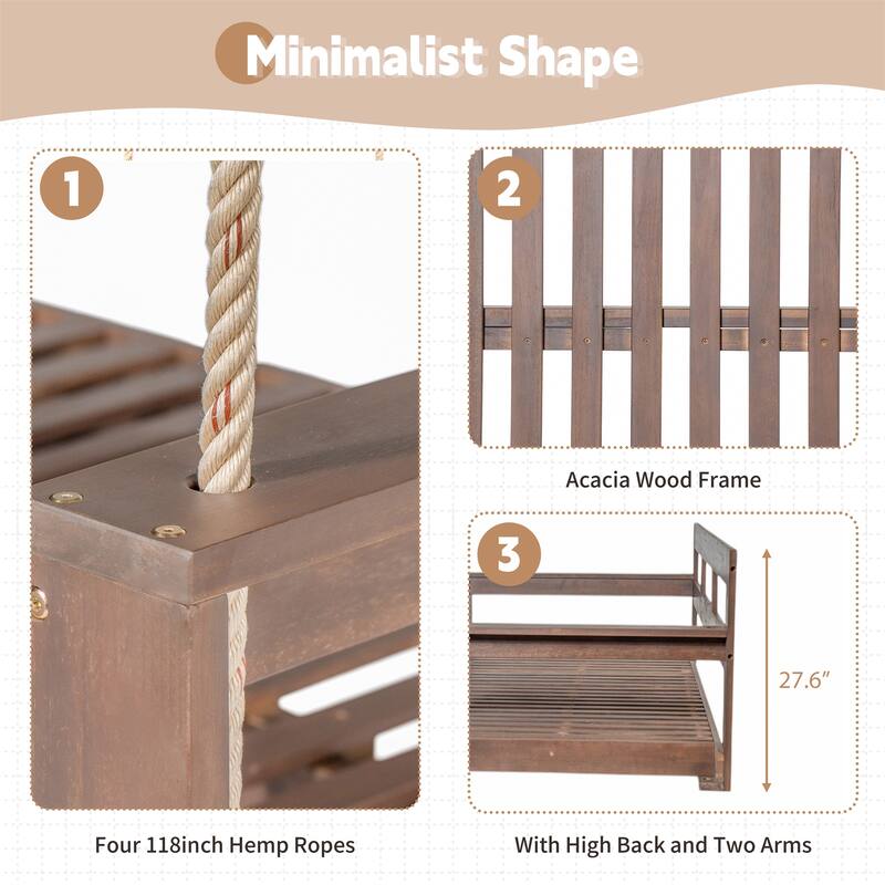 Patio Wood Twin Size Swing Bench with Hanging Ropes(No Cushion,Pillow)