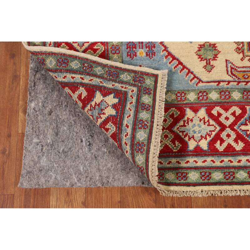 Geometric Kazak Oriental Area Rug Hand-Knotted Beige Wool Carpet - 4'11" x 6'4"