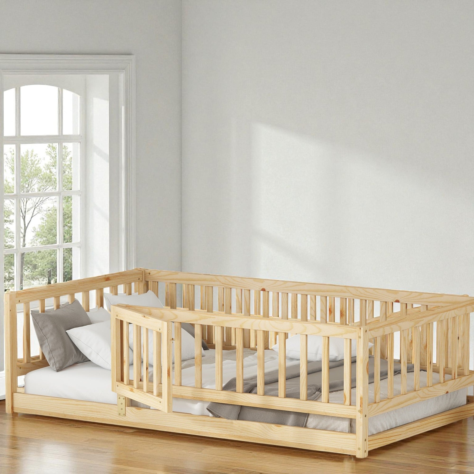 Twin/Full Montessori Floor Bed with Slats, Fence and Door, Wood Low Kids Bed for Girls and Boys, No Box Spring Needed