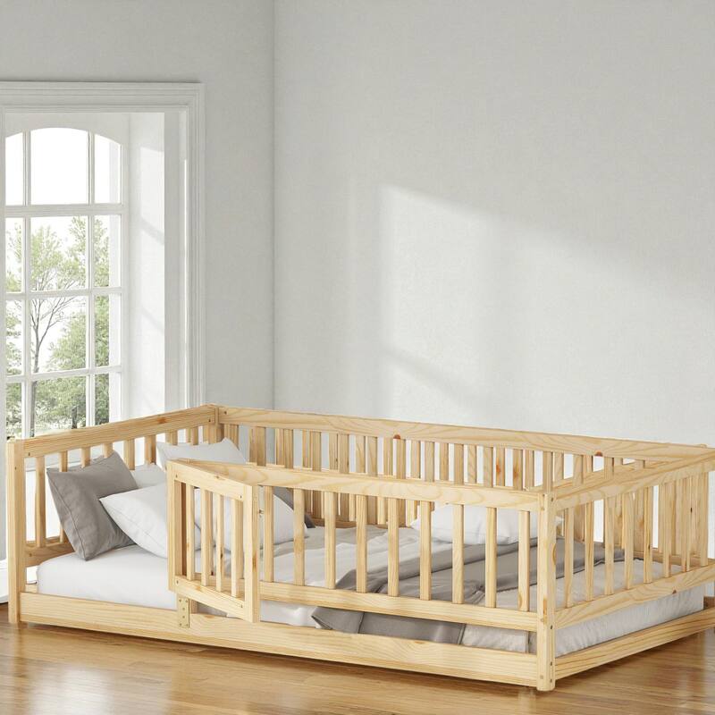 Twin/Full Montessori Floor Bed with Slats, Fence and Door, Wood Low Kids Bed for Girls and Boys, No Box Spring Needed - Oak - Twin