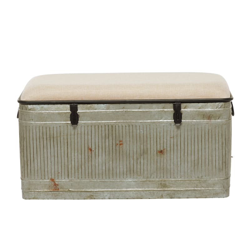 Metal Galvanized Storage Bench with Cream Burlap Top and Black Latches - Gray - Roche River Decor - Gray - 38"W, 19"H