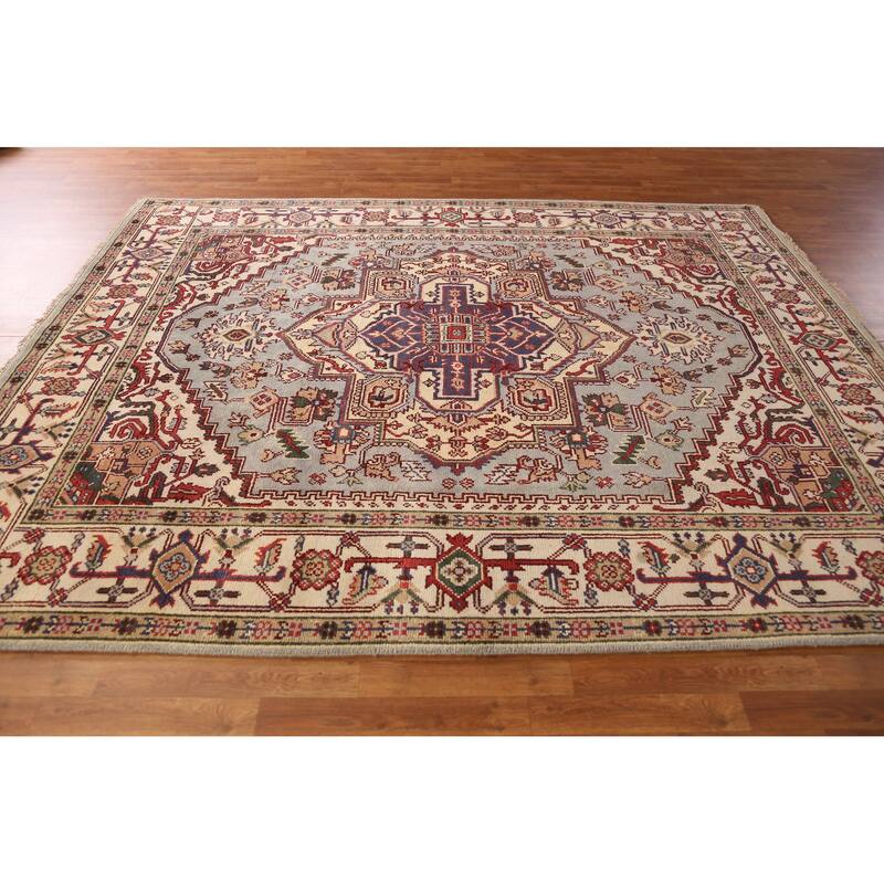 Geometric Traditional Heriz Serapi Indian Rug Handmade Wool Carpet - 7'11" x 9'10"