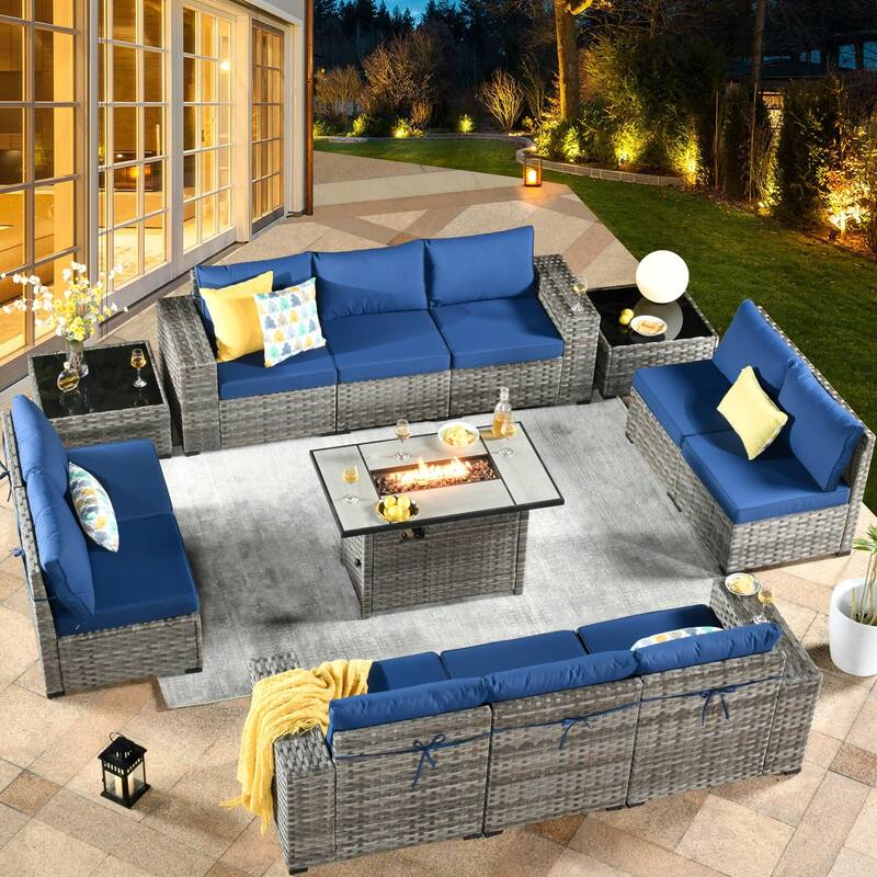 XIZZI 13-piece Patio Wicker Furniture Wide Armrest Set with Firepit - Navy Blue