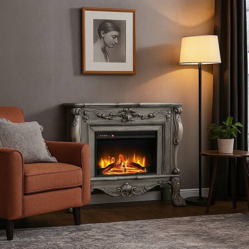 Ally 47 Inch Classic Electric Fireplace, Scrolled Trim, Remote, Timer, Gray