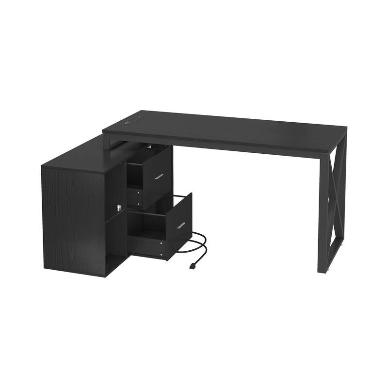 Moasis 55" Reversible L Shaped Gaming Desk with Power Outlets & LED Light Corner Computer Desk with Filing Cabinet