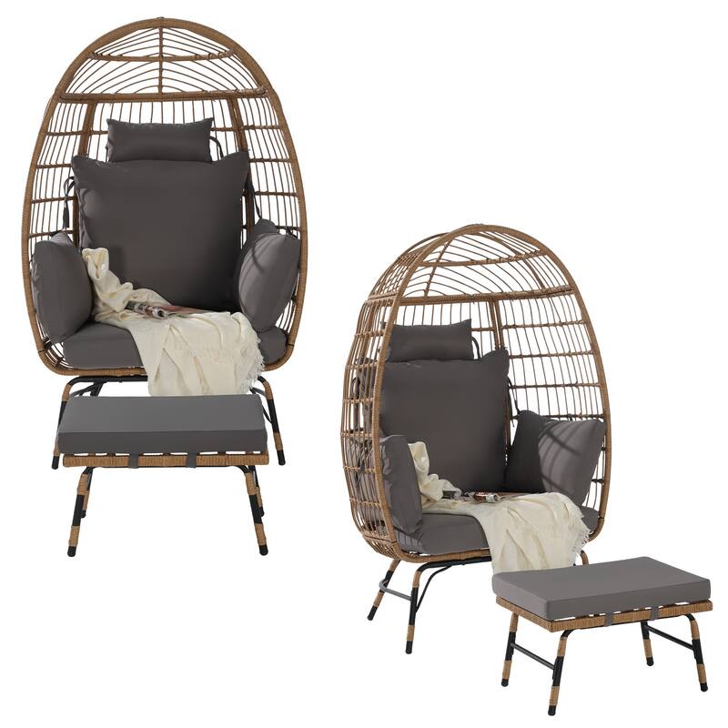 Luxury All-Weather Egg Chair with Ottoman, Oversized Rattan Hanging Chair for Patio, Balcony & Backyard