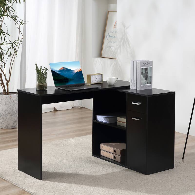 Adjustable L-Shaped Computer Desk with Storage Shelves,Drawer and Cabinet - Black