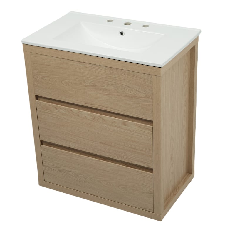 30"Bathroom Vanity with Ceramic Sink and 2 Drawers, Freestanding Vanity with Smooth Drawer Slides & Waterproof Finish
