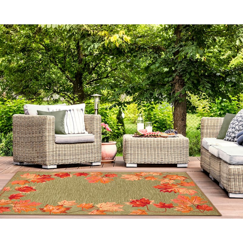 Liora Manne Ravella Falling Leaves Border Indoor/Outdoor Rug - 7'6" x 9'6" - Moss