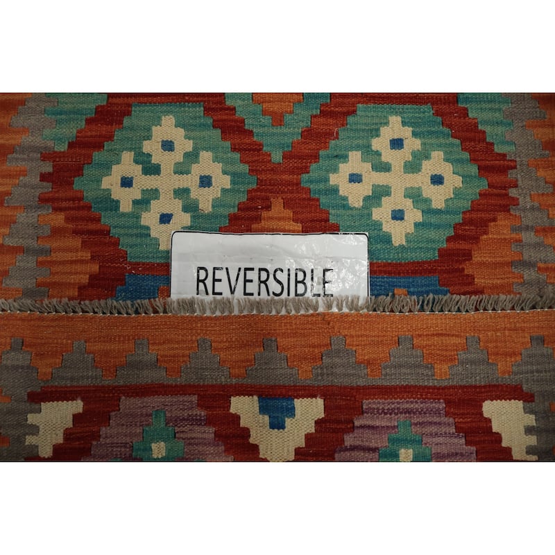 Hand Woven Oriental 100% Wool Carpet Southwestern Geometric Oranges & Rust Kilim Runner Rug - 9' 4'' X 2' 5''