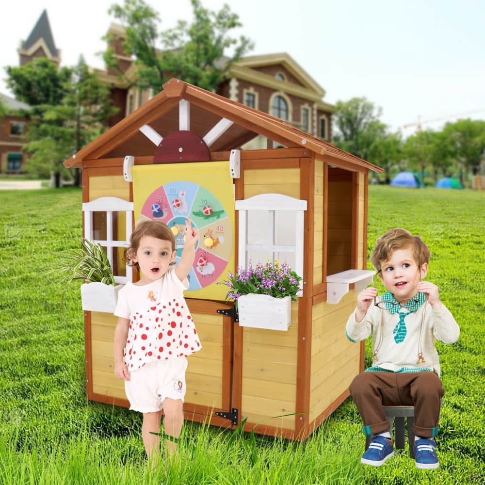 Outdoor Playhouse for Kids Wooden Cottage with Working Doors Windows