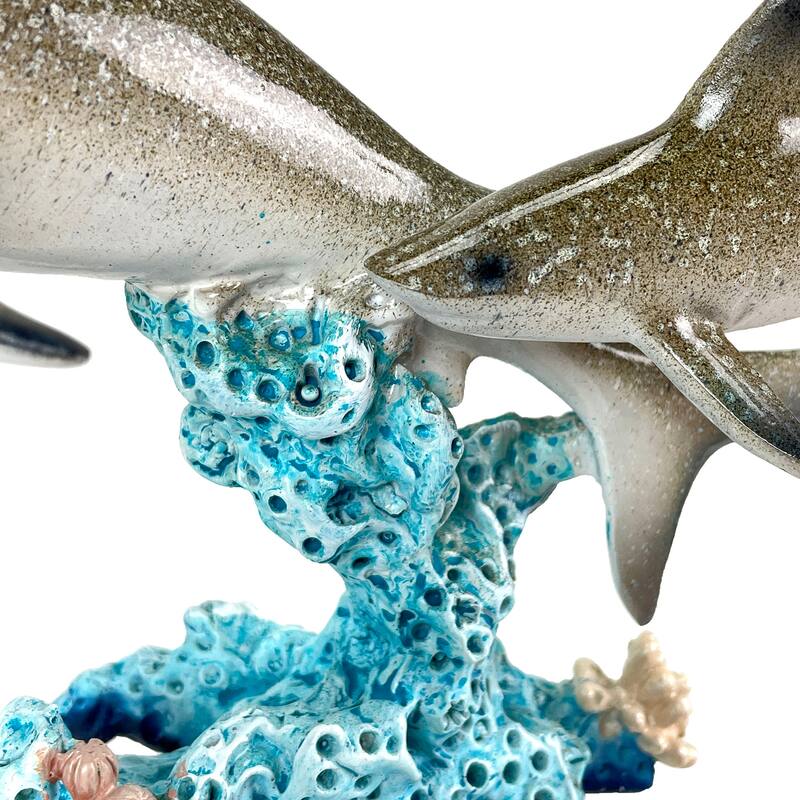 Double Sharks On Coral Statue 10" Hand-Painted Ocean Marine Decor - 6.5 X 10 X 4 inches