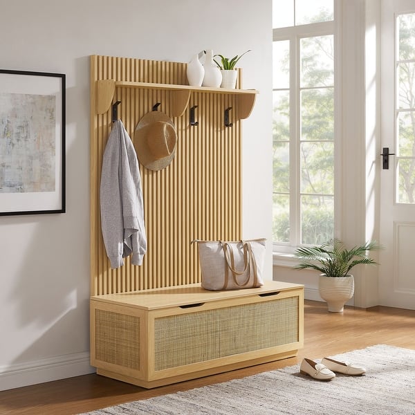 slide 2 of 18, Soma Fluted 3-in-1 Hall Tree With Storage Bench and Coat Rack Light Oak