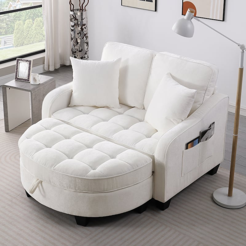 Two-Seater Chaise Lounge with Storage Footrest and Pillows, Irregular Armrest Design - Beige