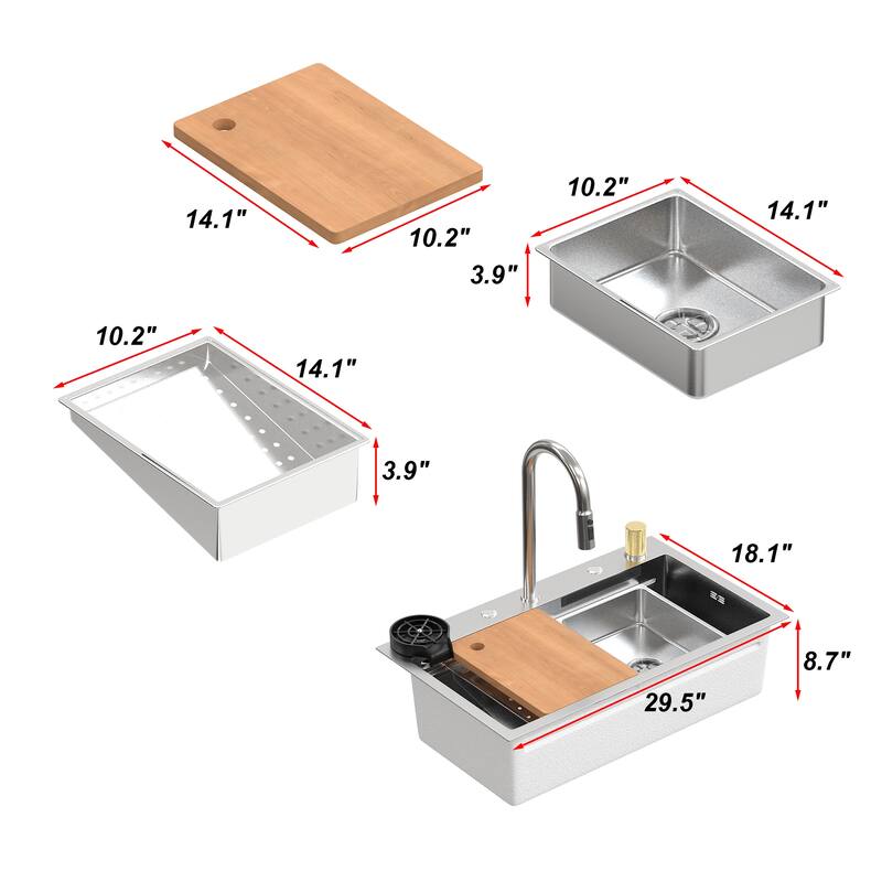 Kitchen Drop In Waterfall Sink Workstation Pull Out Faucet 2 Sizes