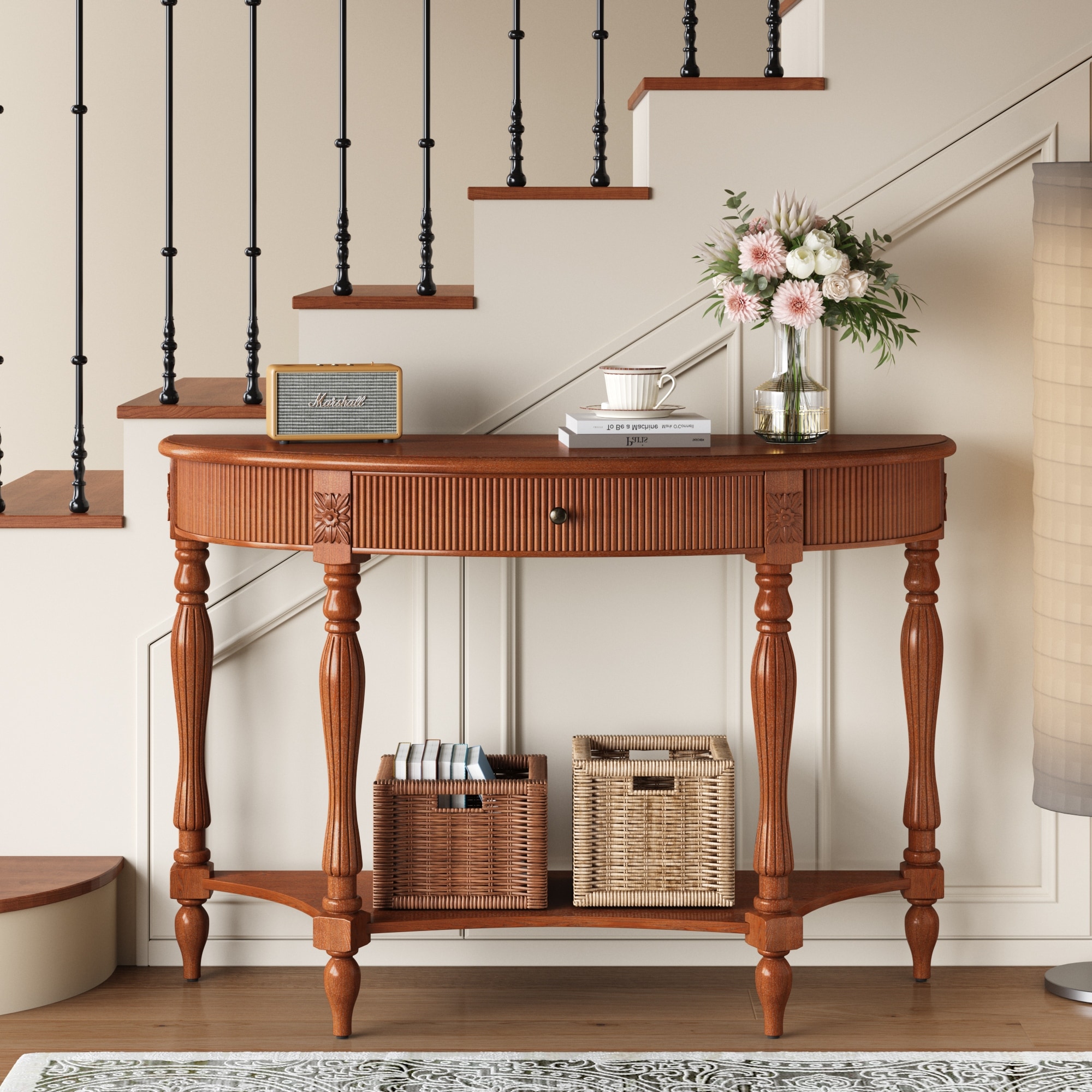Solid Wood Half Moon Console Table with Drawer & Shelf, Fluted Vintage Curved Entryway Table for Hallway Living Room Foyer