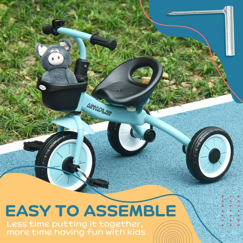 Toddler Tricycle with Adjustable Seat, Fun Bell, Basket, and EVA Wheels for Kids 2-5 Years