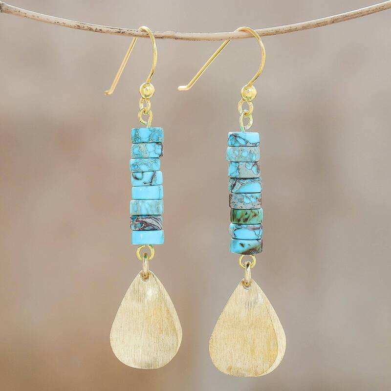 NOVICA Sea Gold, Brass and reconstituted turquoise dangle earrings - 2.6*0.5