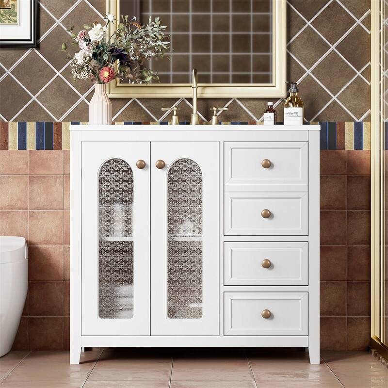 36'' Bathroom Vanity with Ceramic Sink Top, Bathroom Storage Cabinet with 2 Soft Close Doors, 3 Drawers and Adjustable Shelf