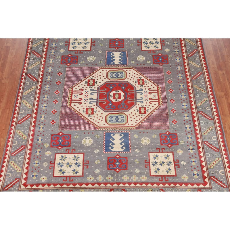 Hand Knotted Oriental 100% Wool Carpet Traditional Medallion Greys & Charcoal Kazak Area Rug - 9' 3'' X 8' 3''