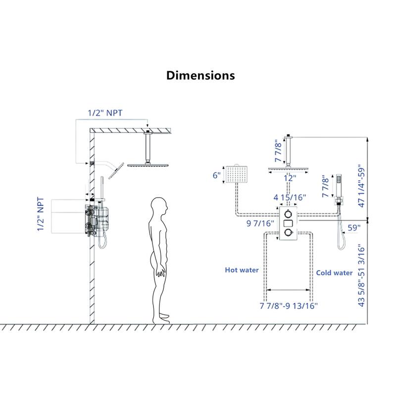 Dual Heads 12" Rainfall & High Pressure 6" Shower System w/ 3 Way Digital Display Faucet - Silver