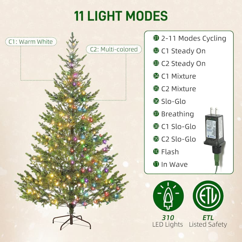 HOMCOM 7ft Artificial Prelit Christmas Tree, Sparse Realistic Cedar Tree with Dual Color LED Lights and 2931 Tips and Remote