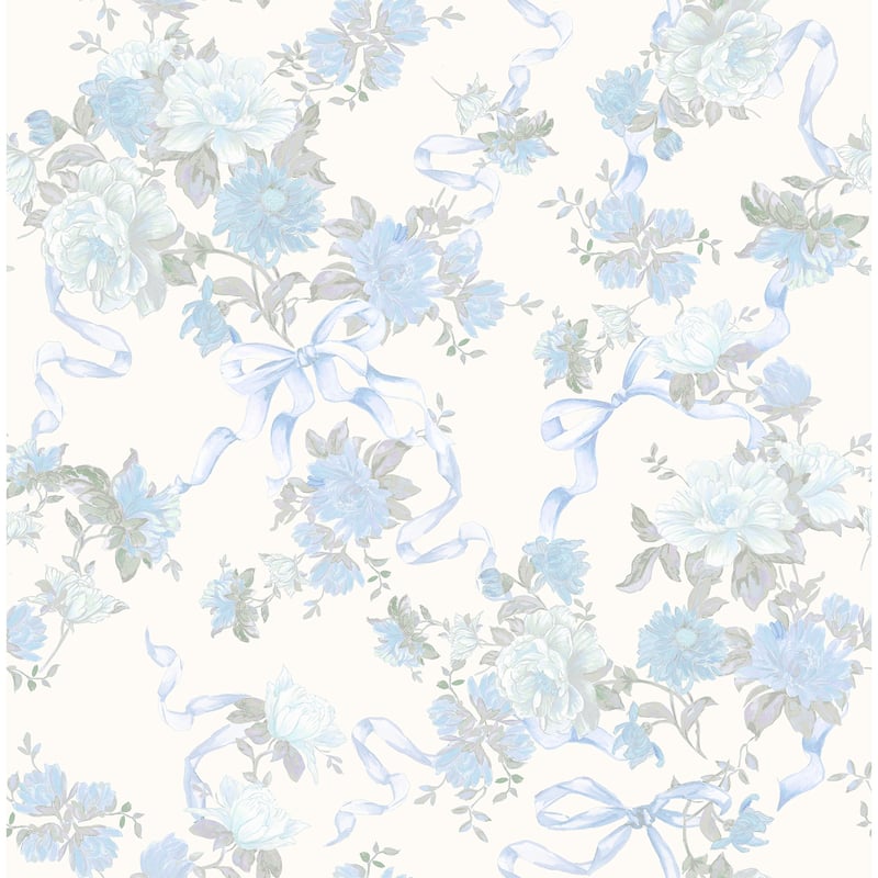 Cabbage Rose Bow Dusty River Blue Ribbons and Roses Wallpaper