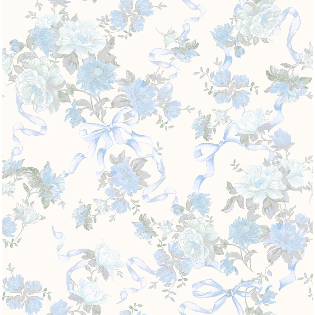 Cabbage Rose Bow Dusty River Blue Ribbons and Roses Wallpaper