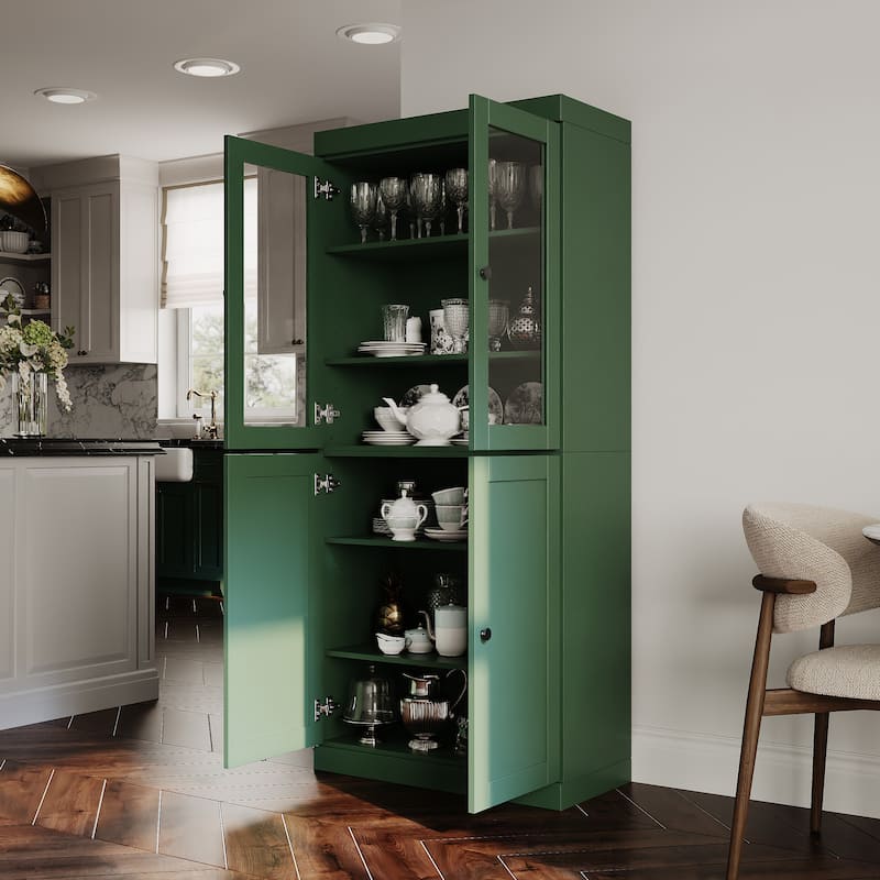 Palace Imports 100% Solid Wood 32" Pantry Cabinet with Clear Glass, Shaker Doors and Adjustable Shelves