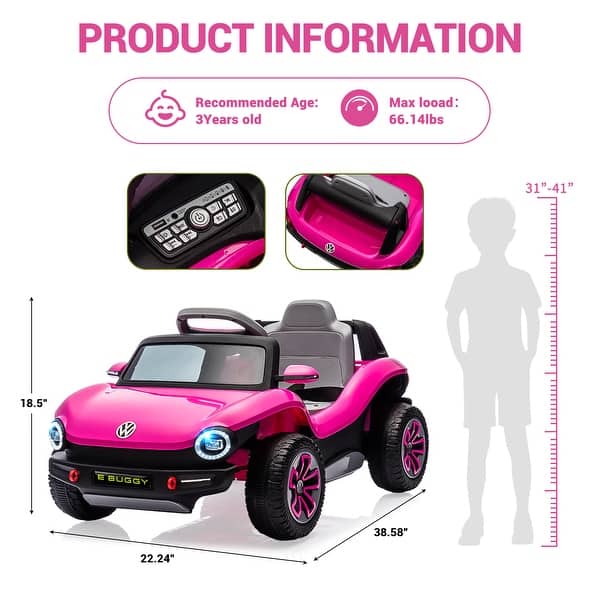 dimension image slide 1 of 3, 12V Licensed Volkswagen Beetle Ride-On Car for Kids with Remote Control, Battery Powered Electric Vehicle Toy