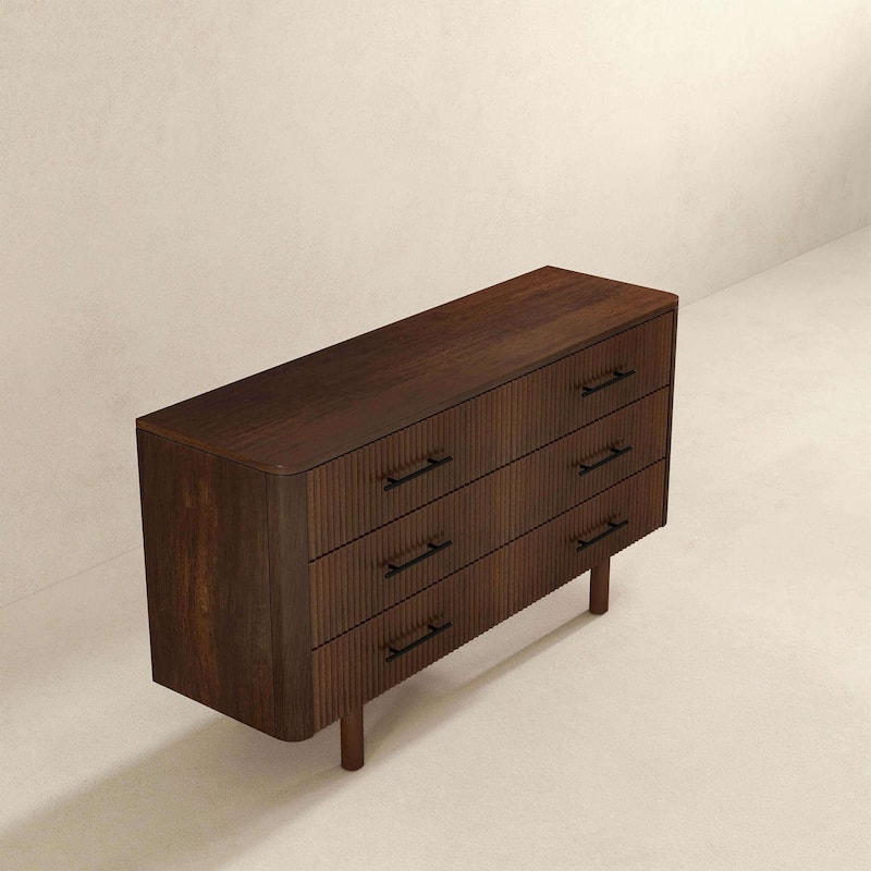 Dresser with 6 Drawer, Large Wooden Storage Cabinet, Curved Double Dresser with Metal Handle and Solid Wood Legs