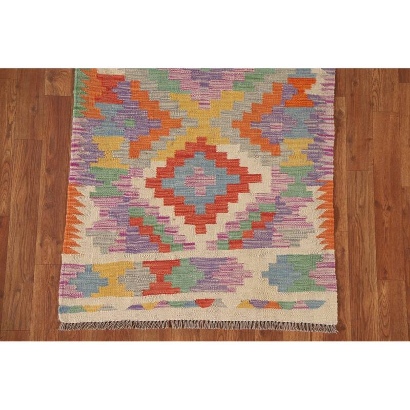 Hand Woven Oriental 100% Wool Carpet Southwestern Geometric Multi-Colored Kilim Runner Rug - 7' 10'' X 2' 9''