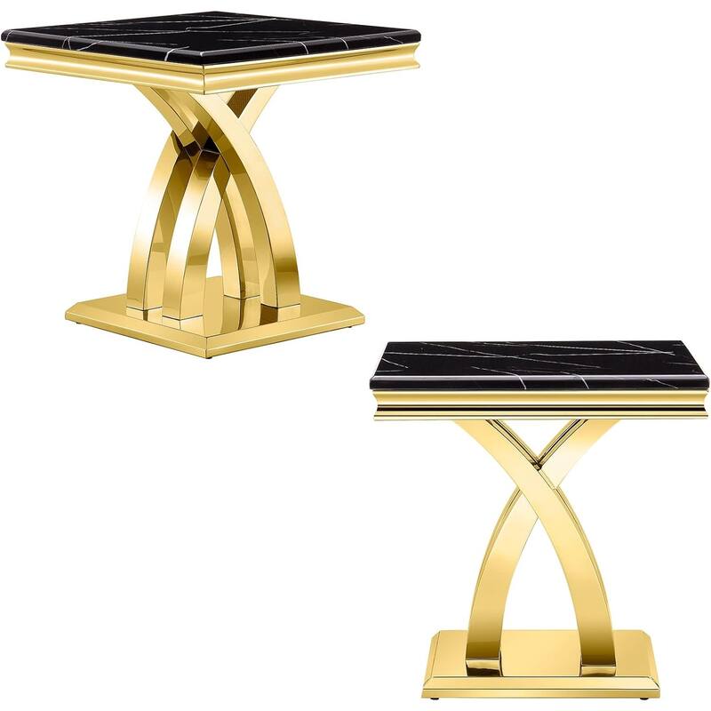 Luxurious 22 inch Black and Gold End Table with Polished Stainless Steel X Base - Two End Tables