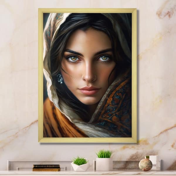 slide 2 of 10, Designart "Enchanting Female Gaze I" Modern Woman Framed Wall Art For Living Room 12 in. wide x 20 in. high - Gold