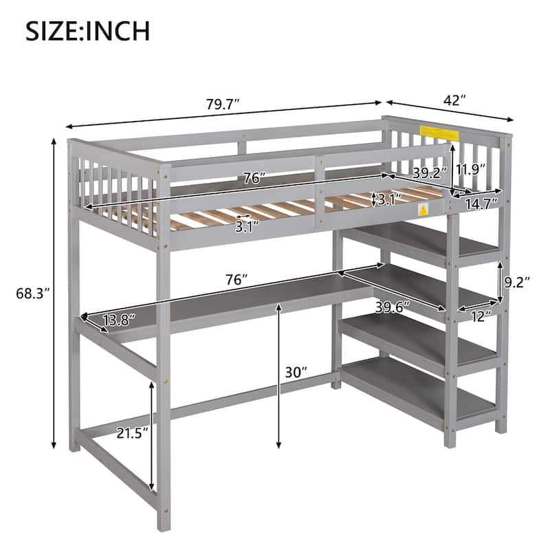 Gray Twin Solid Wood Loft Bed with Desk, Shelves, Guardrails
