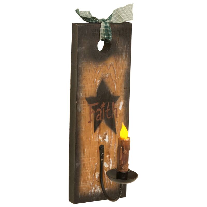 Farmhouse Square Barnwood Sconce with Flameless Candle - Faith