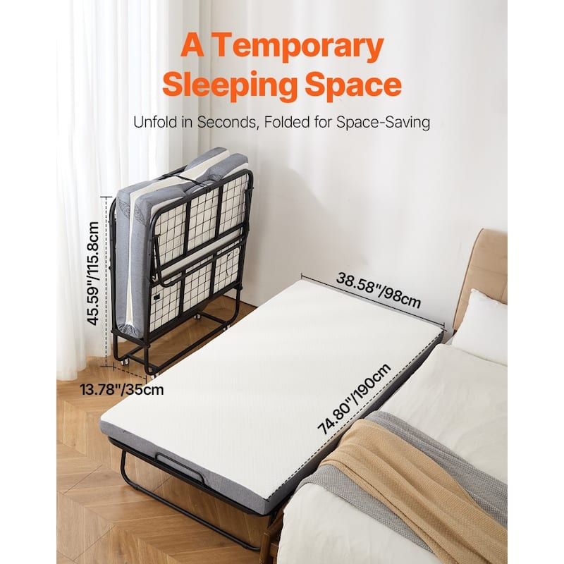 Rollaway Folding Bed with 4 Inch Foam White Mattress and Black Sturdy Steel Frame Perfect for Dorm or Guest