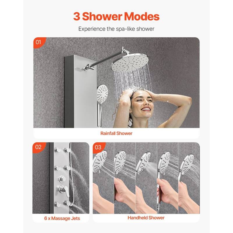 Silver Wall Mounted 3-in-1 Shower Panel Tower with Rainfall Head and Massage Jets Handheld Sprayer - 48.8” x 7.9” x 17.7”