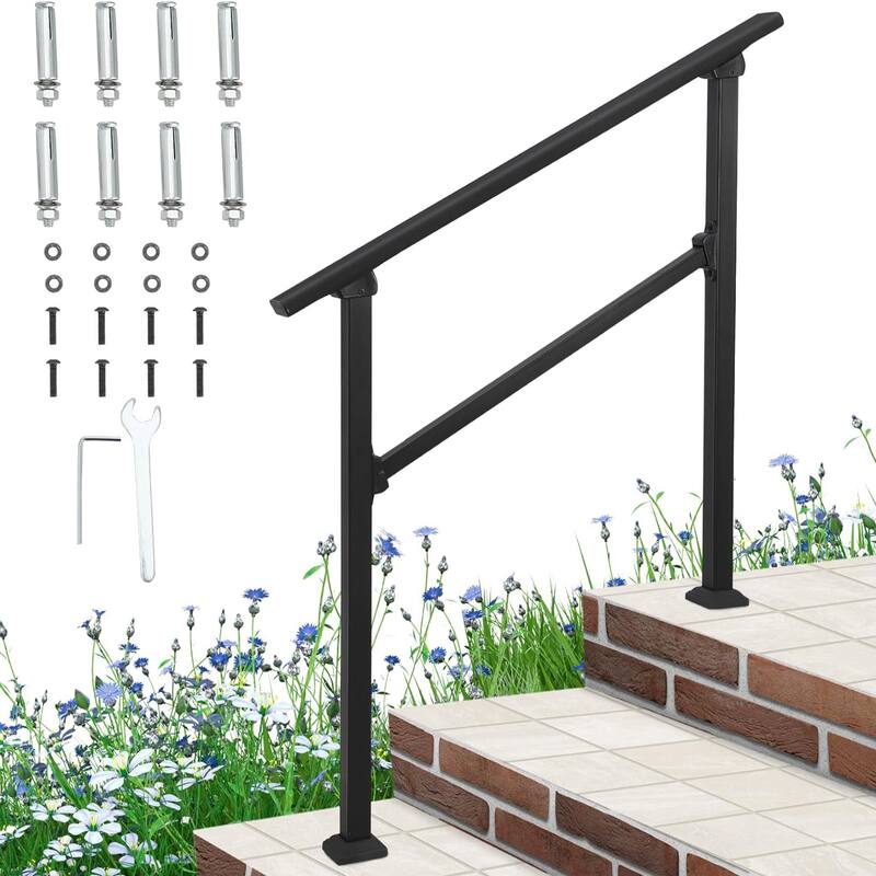 Outdoor Handrail for Steps, Wrought Iron Aluminum Handrails, Black Handrail Stair with Screw Kit - 2-3 Steps