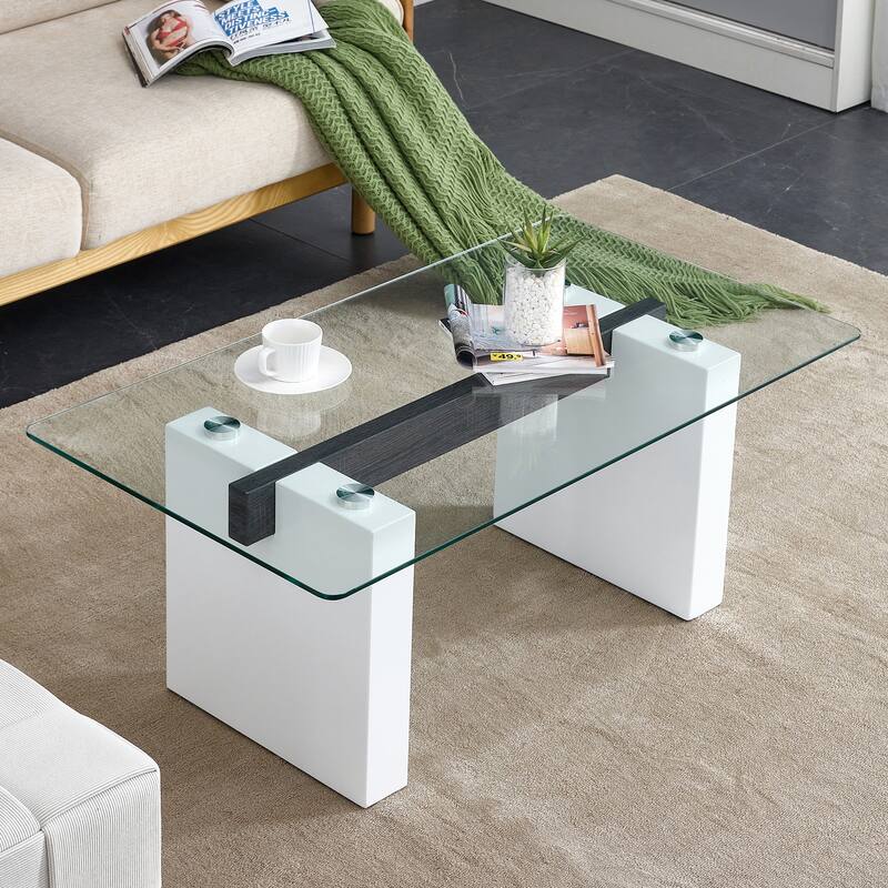 43.3" Modern Rectangular Coffee Table with MDF Decorative Columns and Thick Base Support