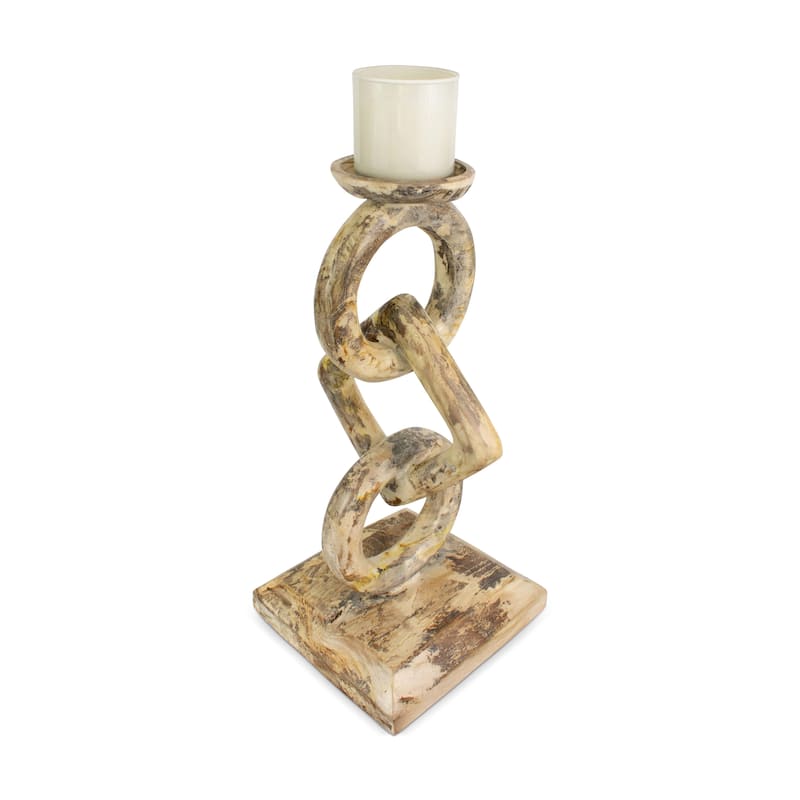 Wood Chain Link Candle Holder Hand Carved Rustic Whitewashed Candle Stand, Decorative Accent - 16" Tall