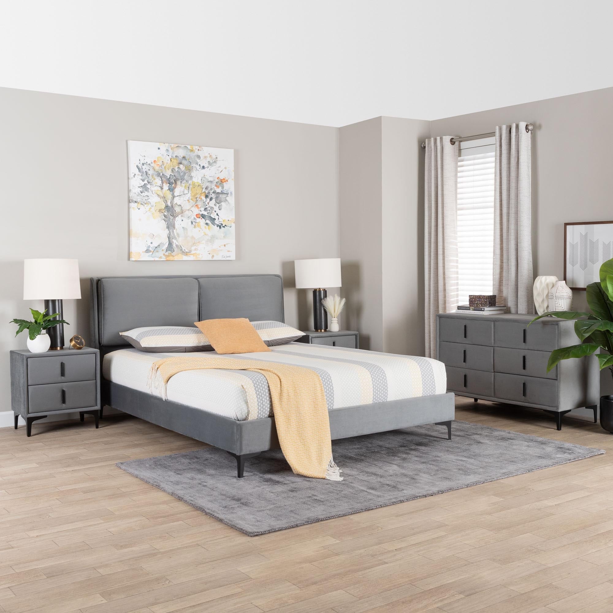 Etienne Modern Slate Grey Velvet Queen 4 Piece Bedroom Set