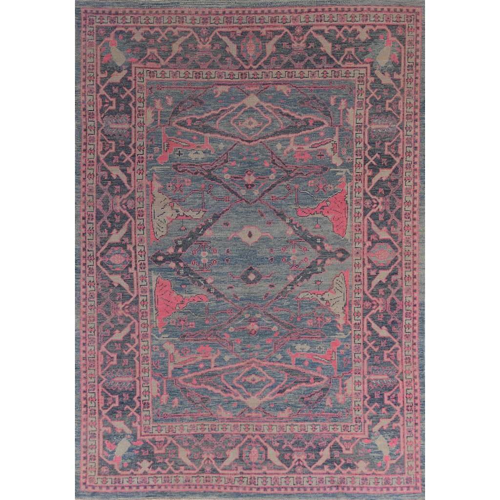Hand Knotted Oriental 100% Wool Carpet Transitional All-Over Navy Blue & Blues Oushak Area Rug - 10' 3'' X 7' 9''