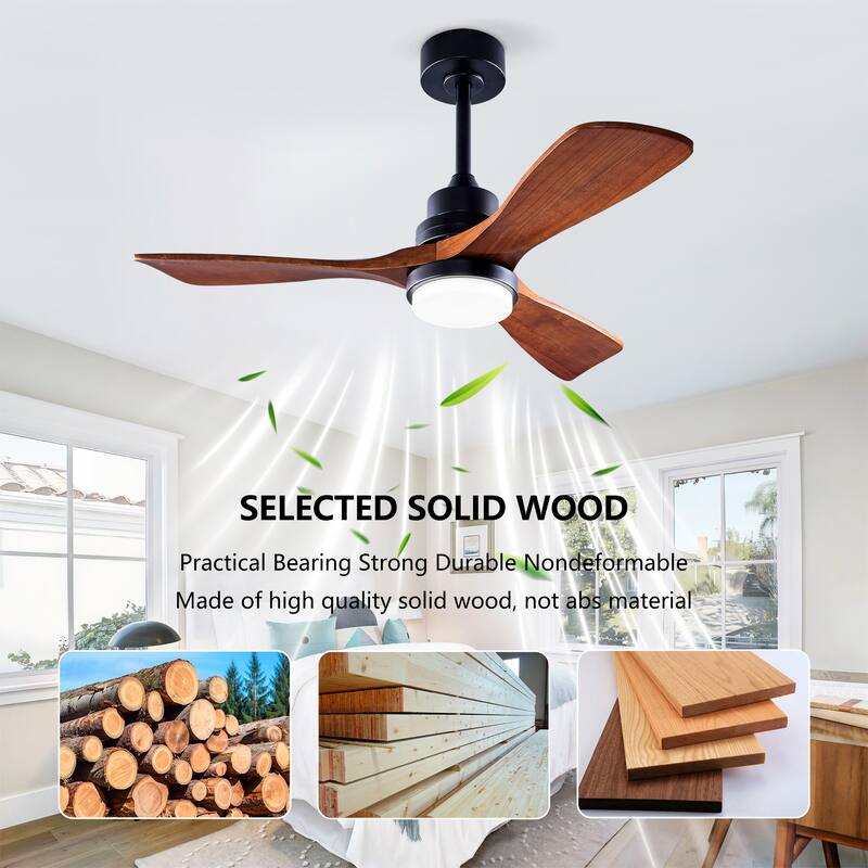 42 Inch Modern Ceiling Fan With 3 Color Dimmable 3 Solide Wood Blades Remote Control Reversible DC Motor With Led Light