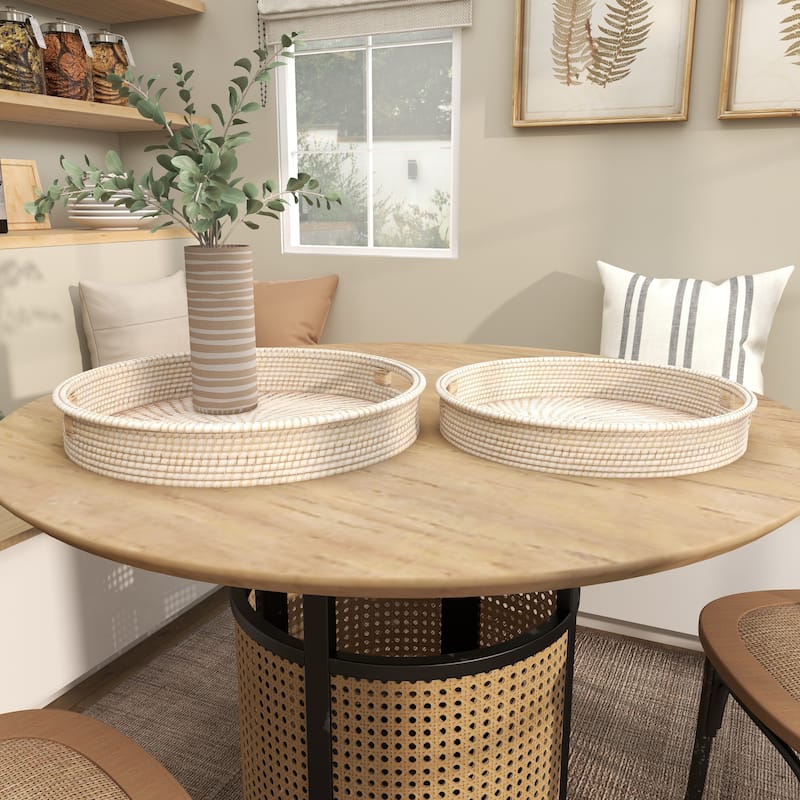 Cream Rattan Living Room Decor Tray with Slot Handles (Set of 2) - 20 x 20 x 3Round