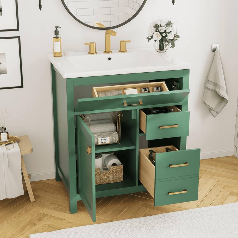 Modern 30-Inch Bathroom Vanity with Undermount Ceramic Sink, Solid Wood Frame, Adjustable Shelf & Storage Drawers