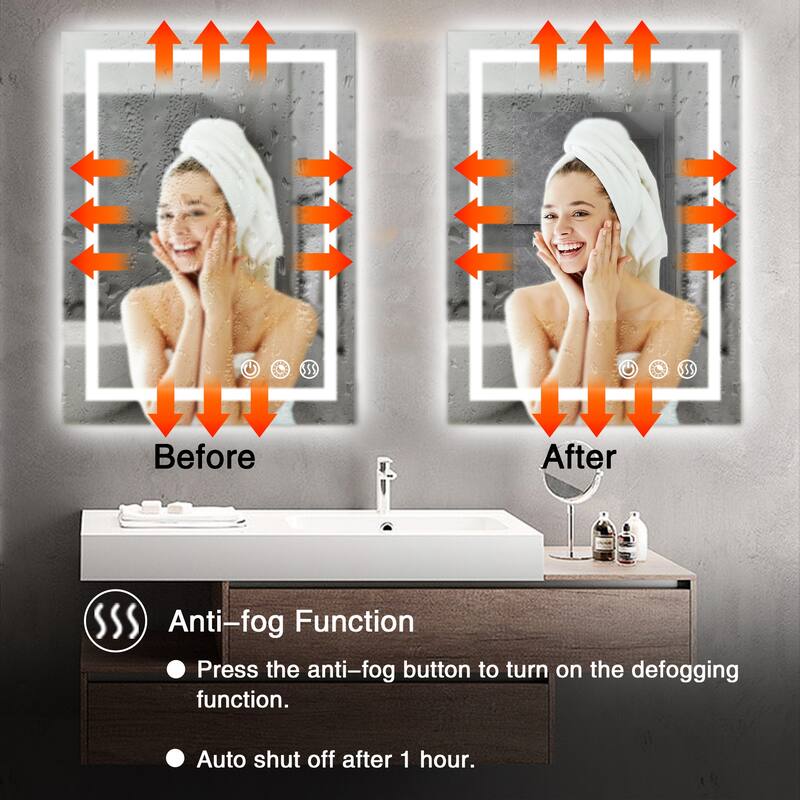 FTL Large LED Bathroom Vanity Mirror Wall Mounted Dimmable Anti-fog,Frameless,3-Color - 32×24in