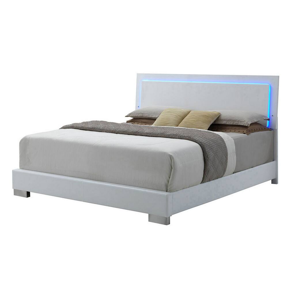 Sok King Panel Bed with LED Headboard, Low Profile Footboard, Glossy White