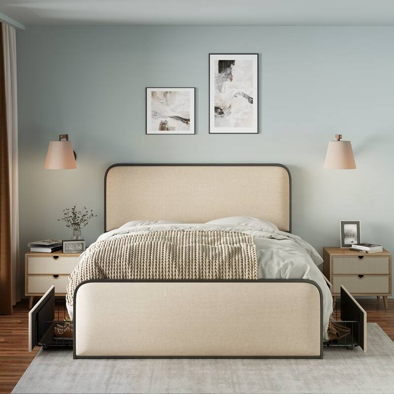 Metal Bed Frame with Curved Upholstered Headboard and Footboard