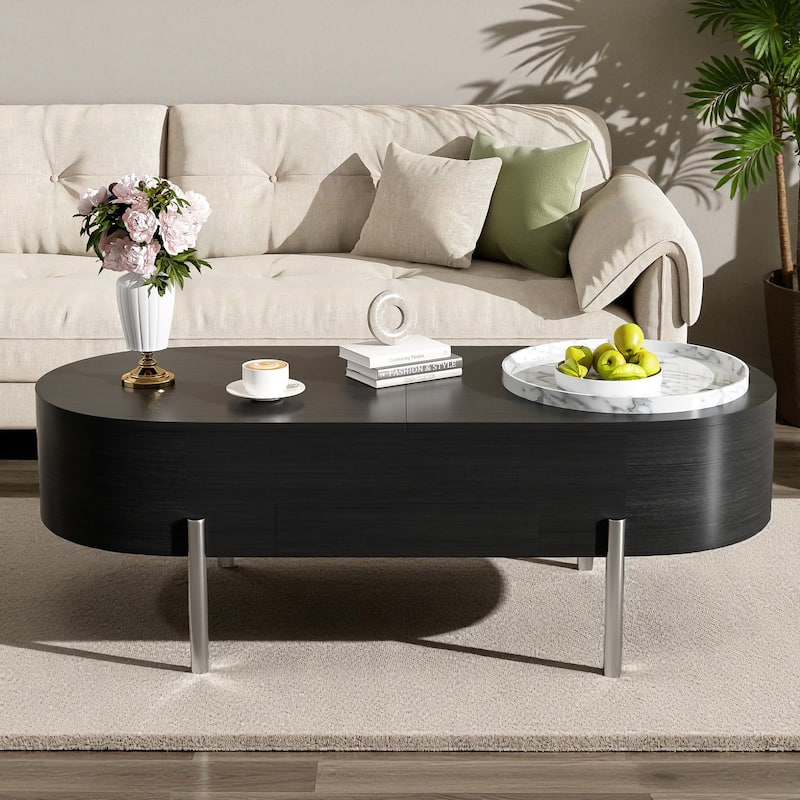 47.2'' Lift-Top Coffee Table with 360掳 Rotating Tray, Hidden Storage & Drawers, Modern Marble-Patterned Oval Center Table - Black